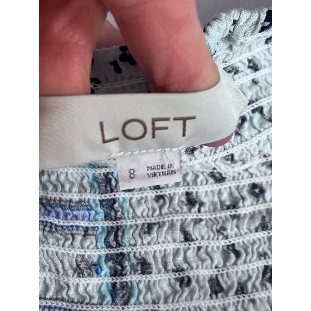 Loft Patchwork Ditsy Floral Mini Dress 8 Front Twist Cutout Blue Spring Coastal - Picture 7 of 11